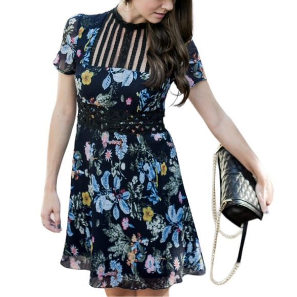 Foxiedox Juniper Floral High Neck Mini Dress size XS Lace Inset - Picture 2 of 14